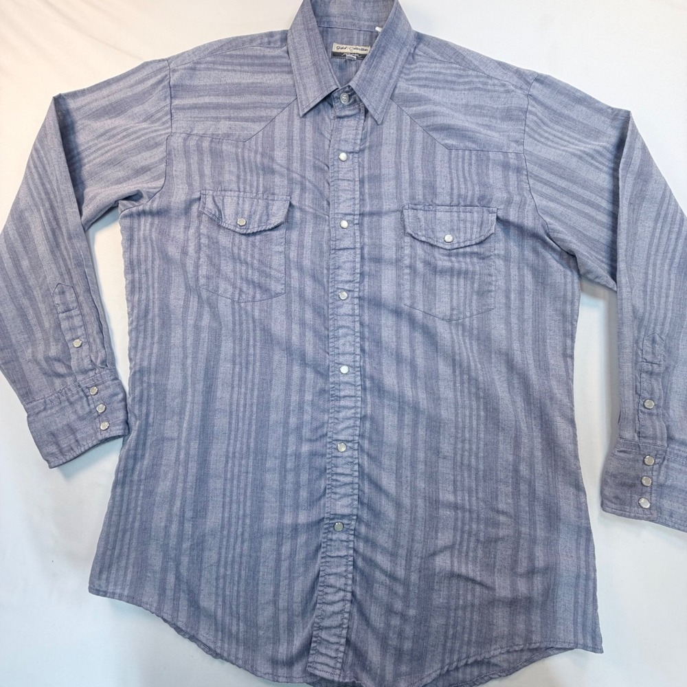Roper Gold Collection Western Shirt Mens Large Blue Shadow Stripe Pearl Snap L